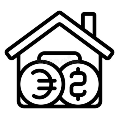 Black and white icon of building with euro coin, transparent background