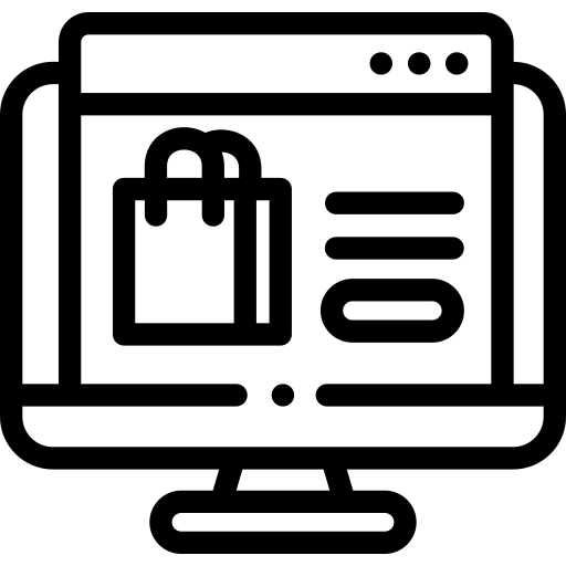 Black and white icon of e-commerce shop on computer screen, transparent background